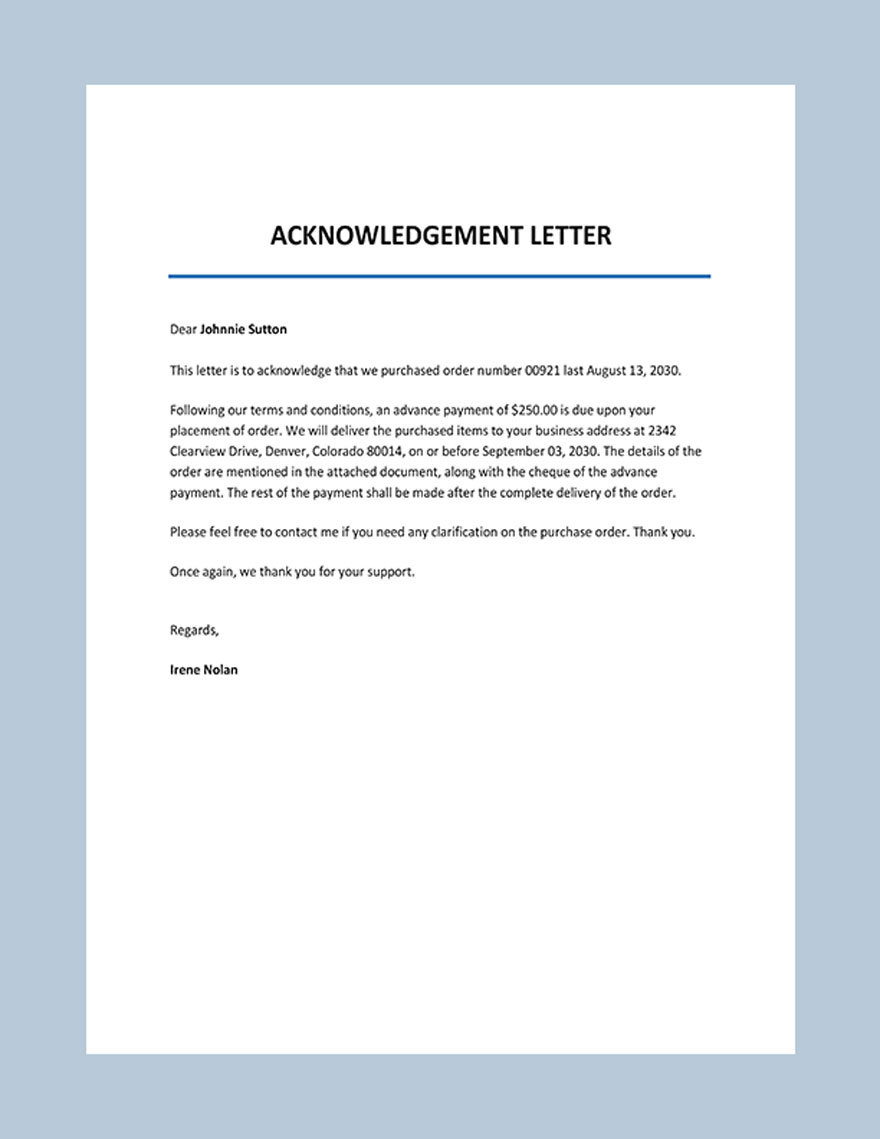 Acknowledgement Letter Example Template