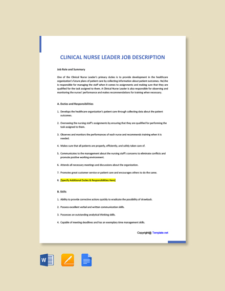 FREE Clinical Nurse Leader Job Description - Word | Google Doc | Apple