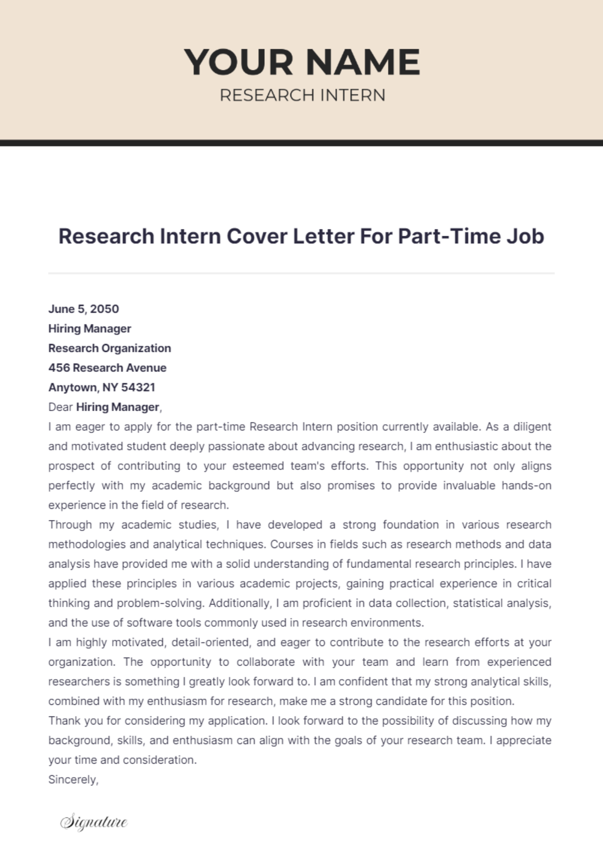 Research Intern Cover Letter For Part Time Job