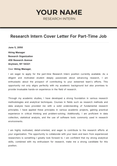 Free Research Intern Cover Letter For Part Time Job to Edit Online