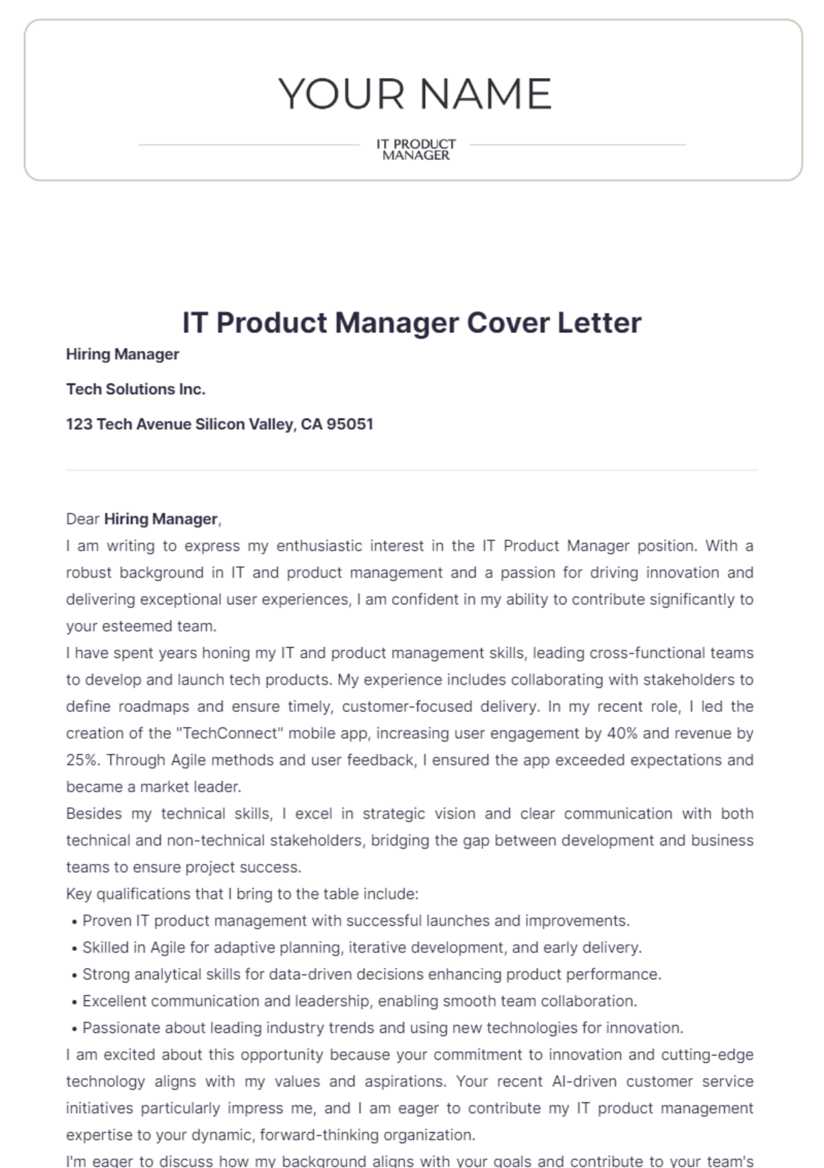 IT Product Manager Cover Letter