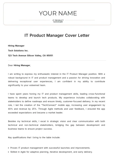 Free IT Product Manager Cover Letter to Edit Online