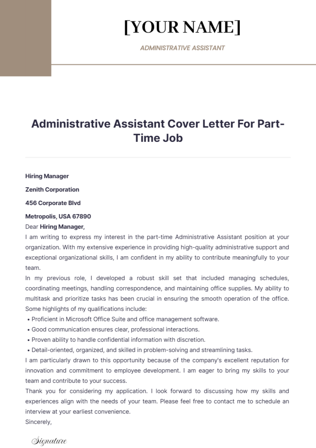 Administrative Assistant Cover Letter For Part Time Job