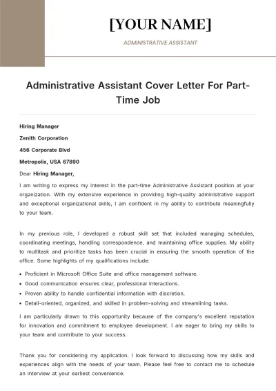 Free Administrative Assistant Cover Letter For Part Time Job to Edit Online