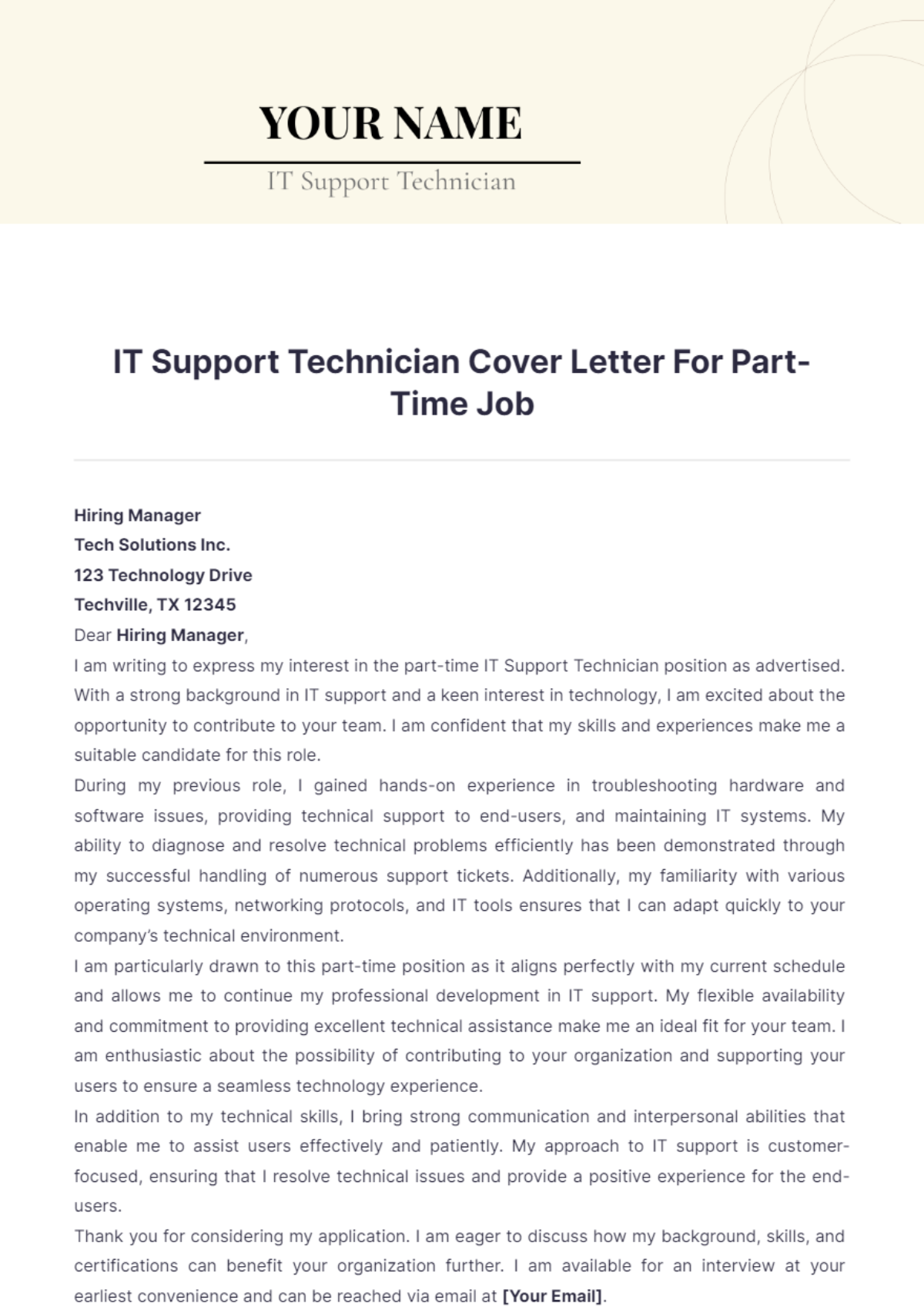 IT Support Technician Cover Letter For Part Time Job