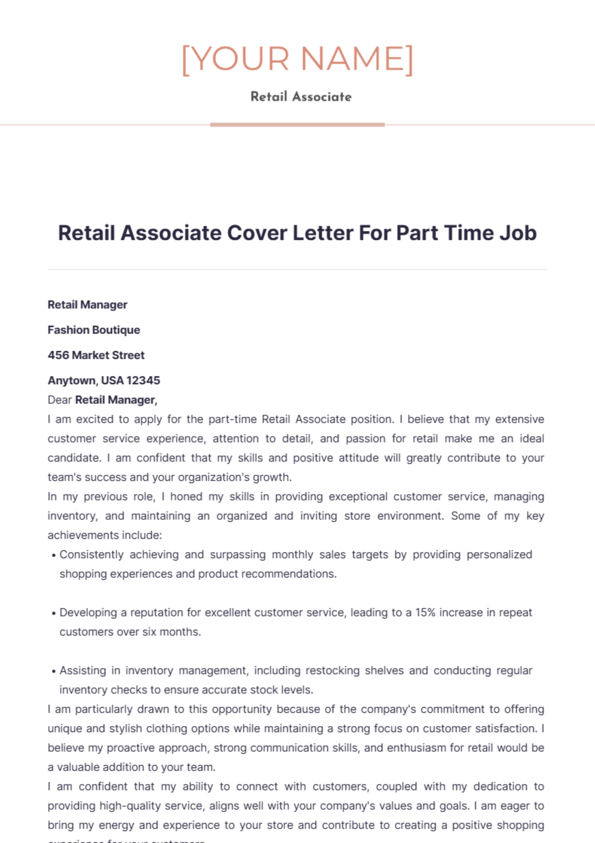 Retail Associate Cover Letter For Part Time Job