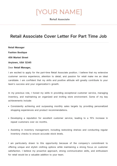 Free Retail Associate Cover Letter For Part Time Job to Edit Online