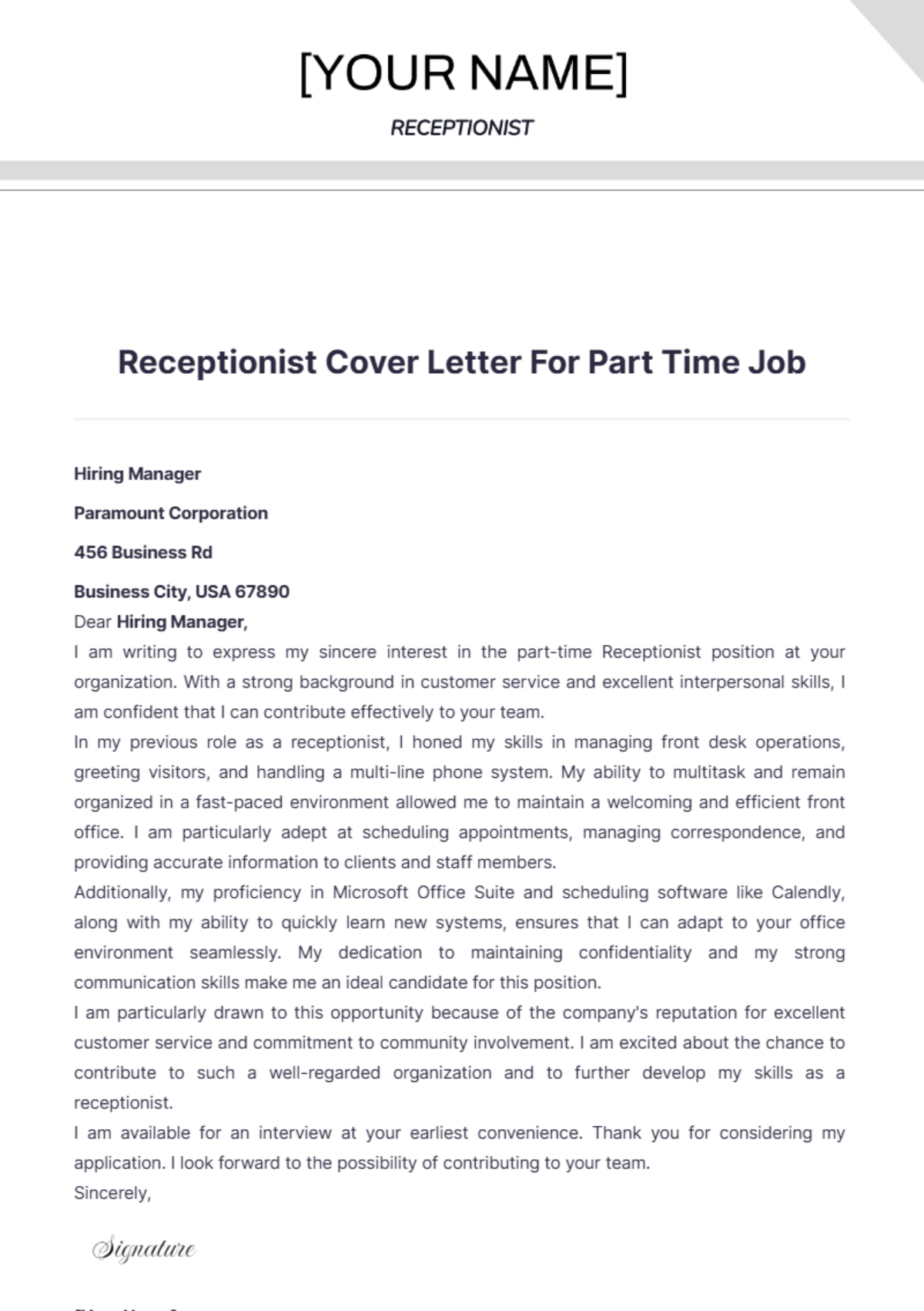 Receptionist Cover Letter For Part Time Job