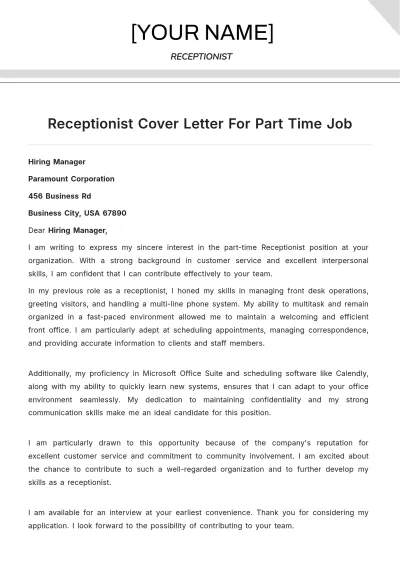 Free Receptionist Cover Letter For Part Time Job to Edit Online