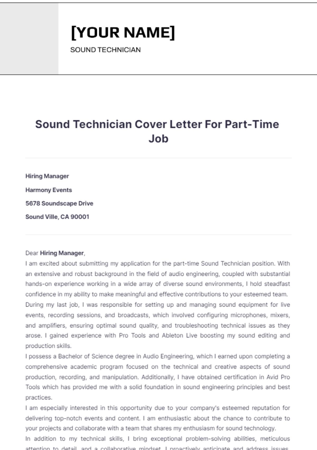 Sound Technician Cover Letter For Part Time Job