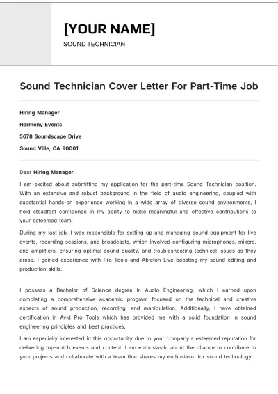 Free Sound Technician Cover Letter For Part Time Job to Edit Online