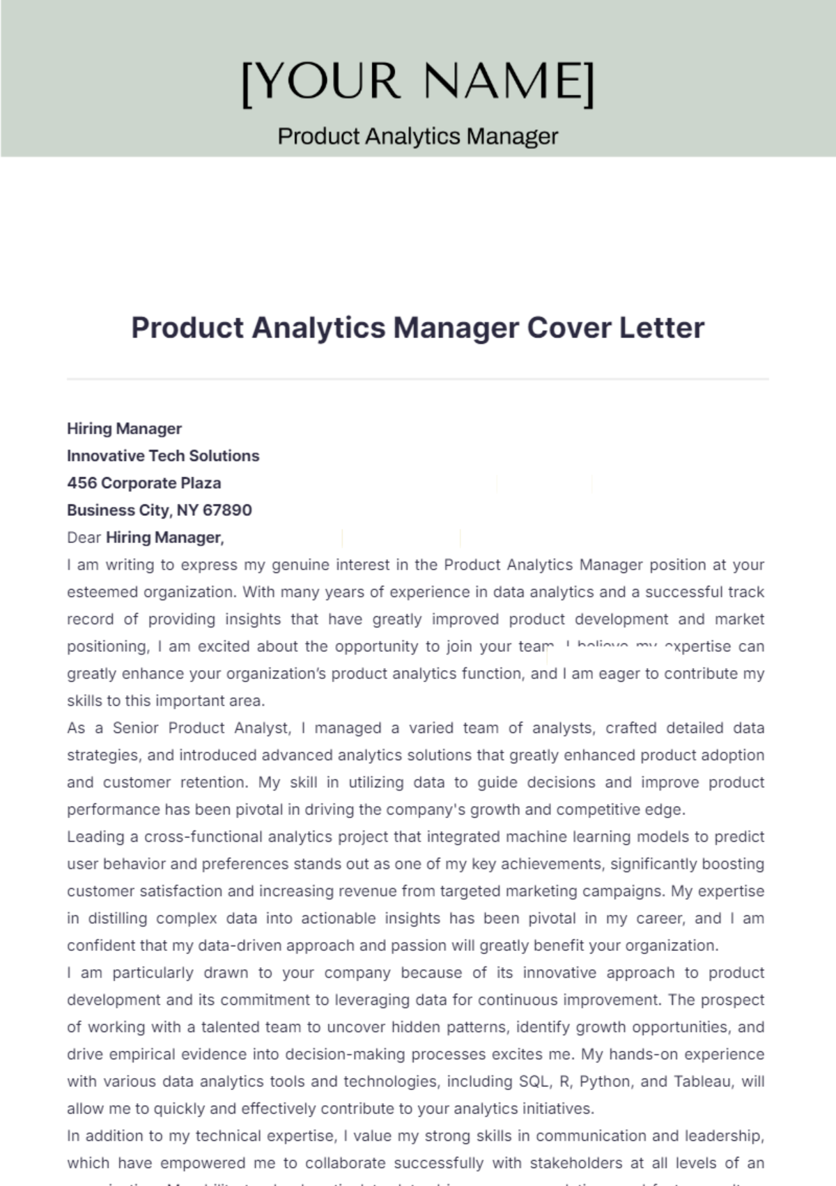 Product Analytics Manager Cover Letter