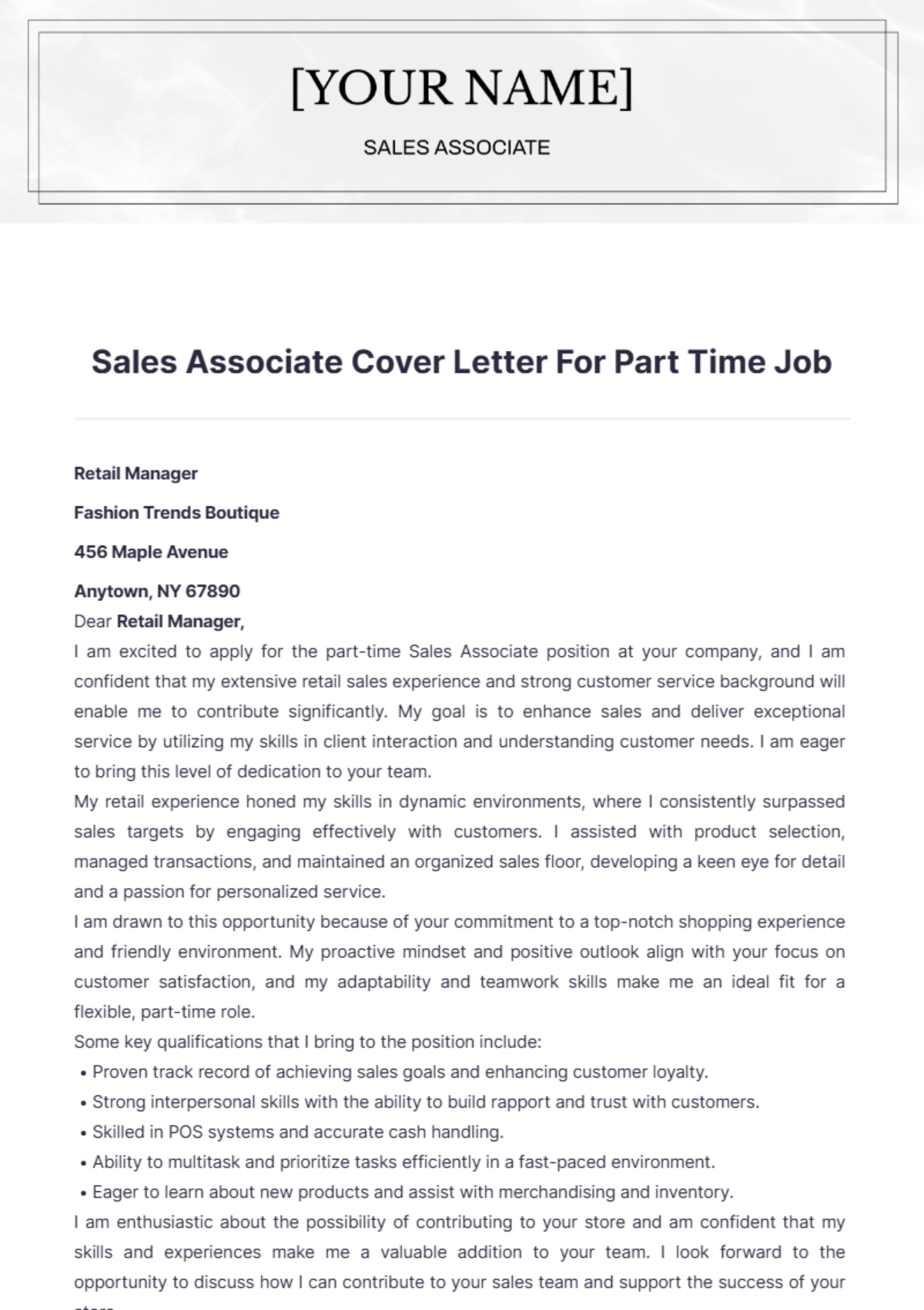 Sales Associate Cover Letter For Part Time Job