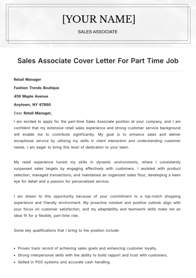 Free Sales Associate Cover Letter For Part Time Job to Edit Online