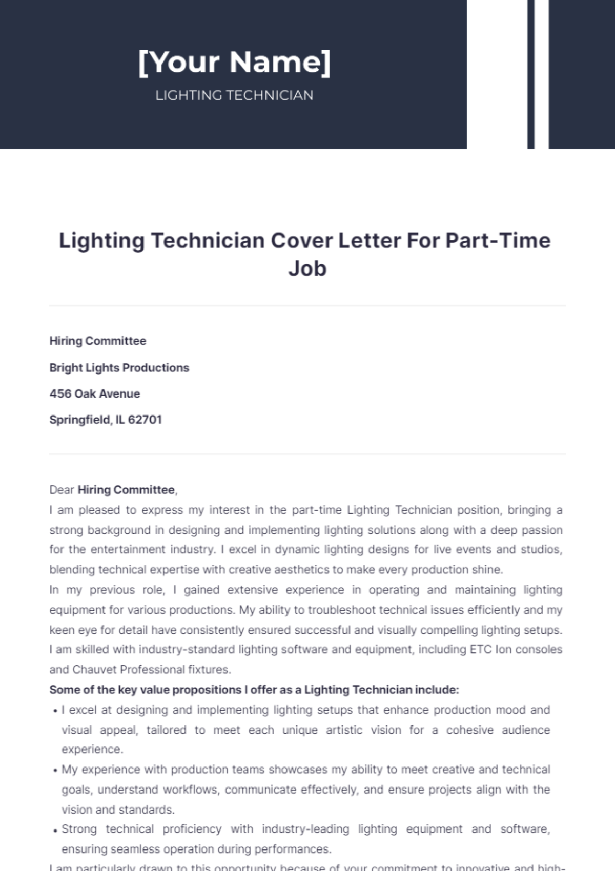 Lighting Technician Cover Letter For Part Time Job