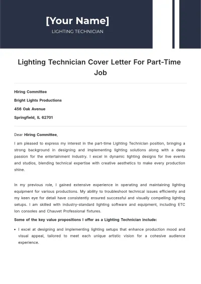 Free Lighting Technician Cover Letter For Part Time Job to Edit Online