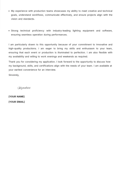 Free Lighting Technician Cover Letter For Part Time Job to Edit Online