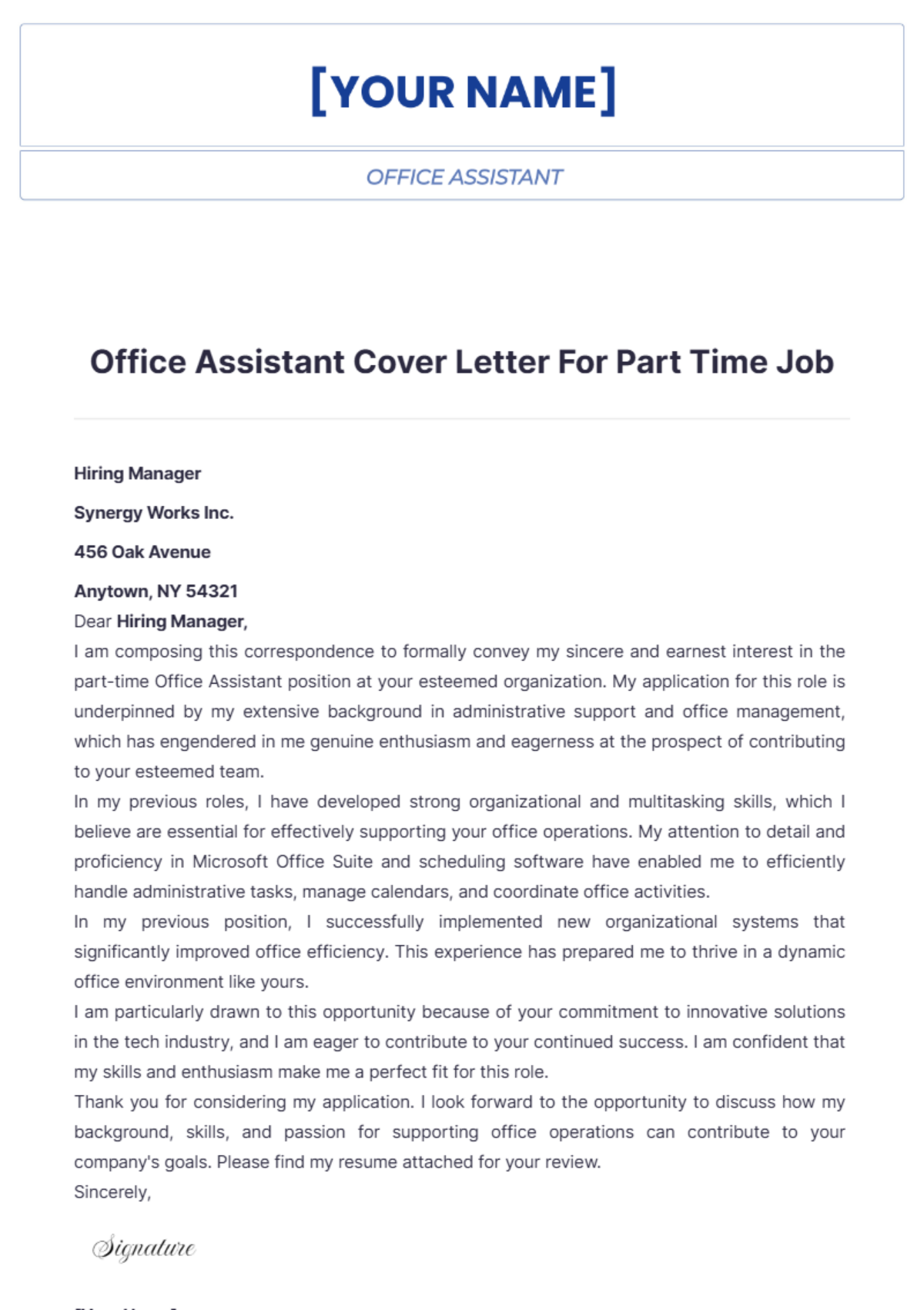 Office Assistant Cover Letter For Part Time Job