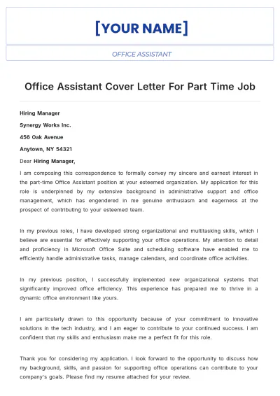 Free Office Assistant Cover Letter For Part Time Job to Edit Online