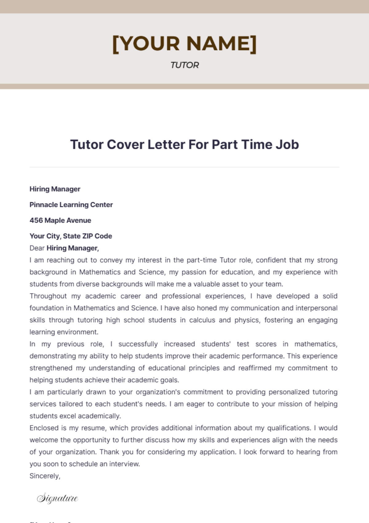 Tutor Cover Letter For Part Time Job