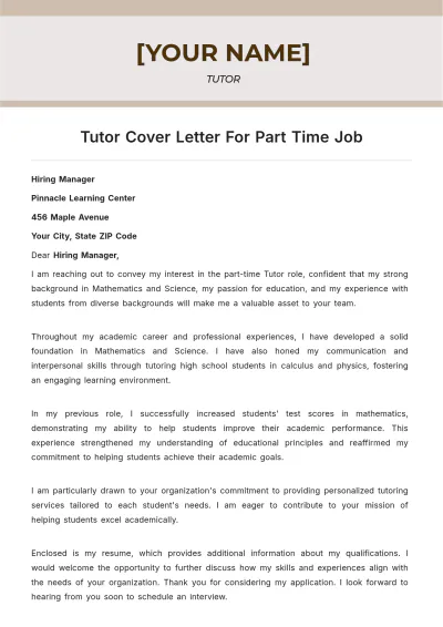 Free Tutor Cover Letter For Part Time Job to Edit Online