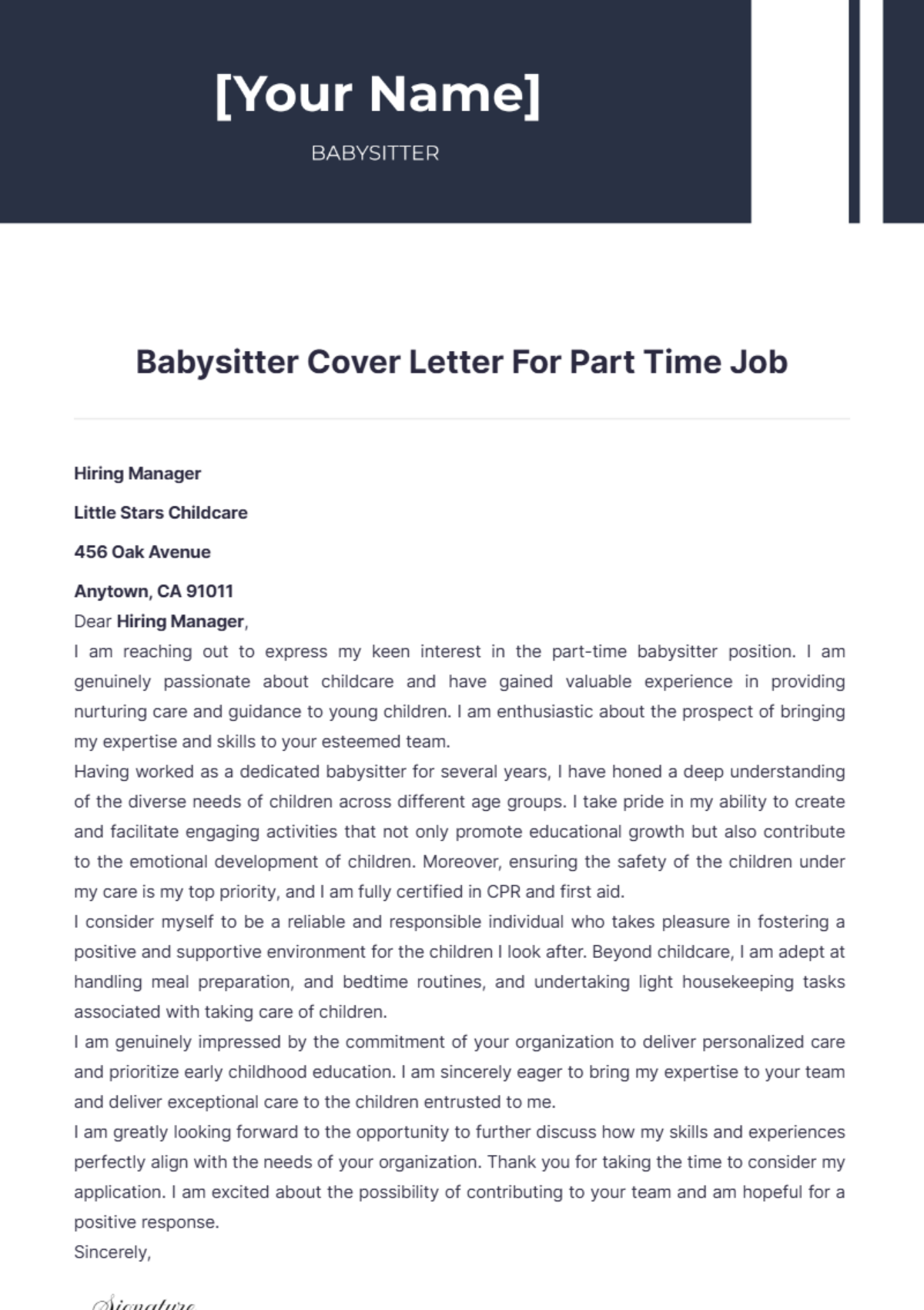 Babysitter Cover Letter For Part Time Job