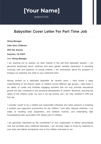 Free Babysitter Cover Letter For Part Time Job to Edit Online