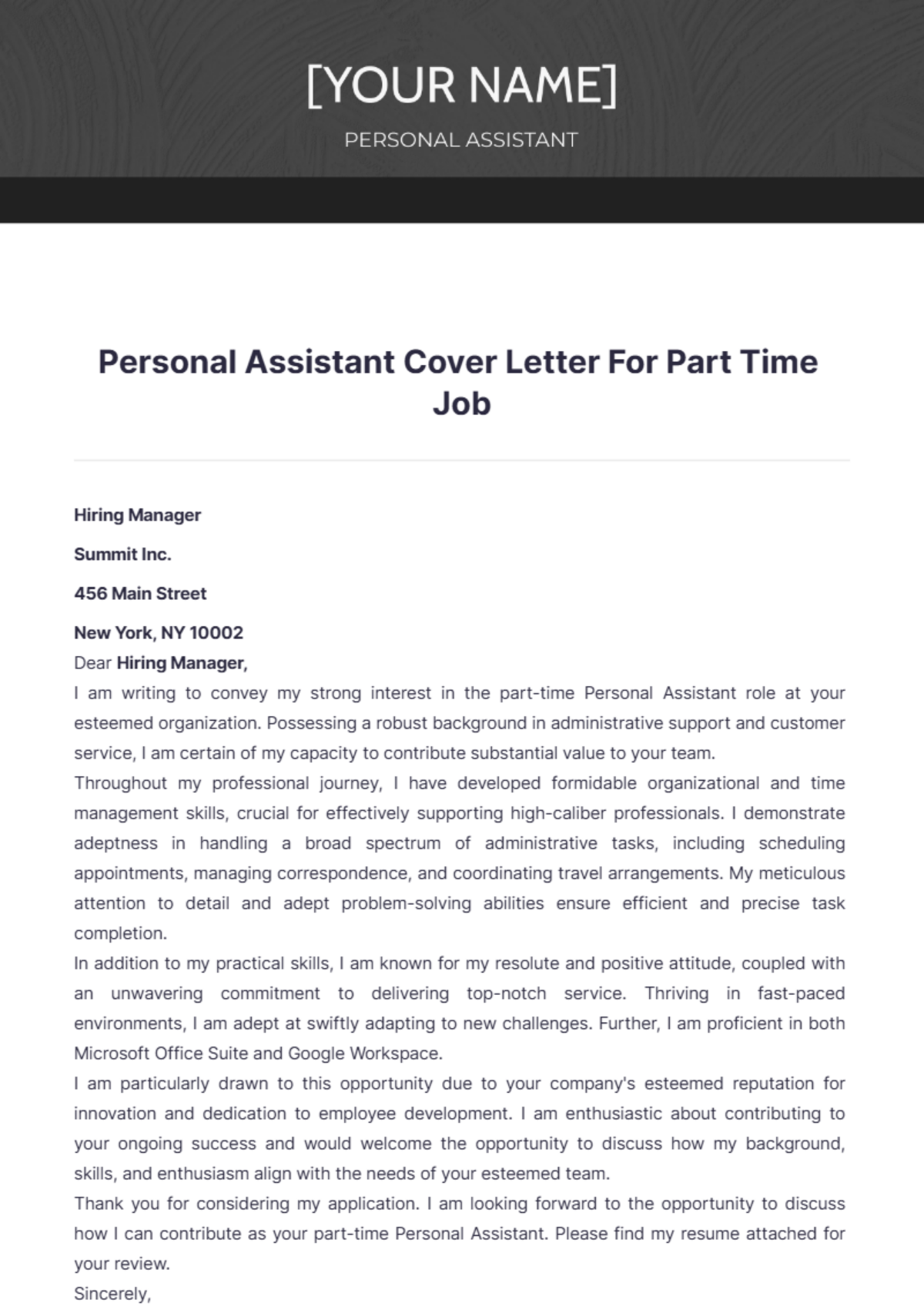 Personal Assistant Cover Letter For Part Time Job - Edit Online & Download