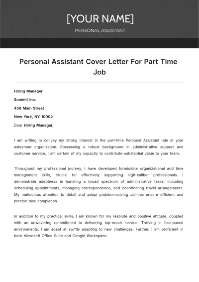 Free Personal Assistant Cover Letter For Part Time Job to Edit Online