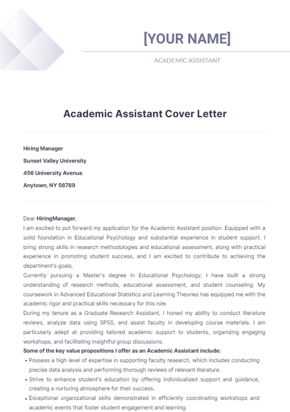 Academic Assistant Cover Letter