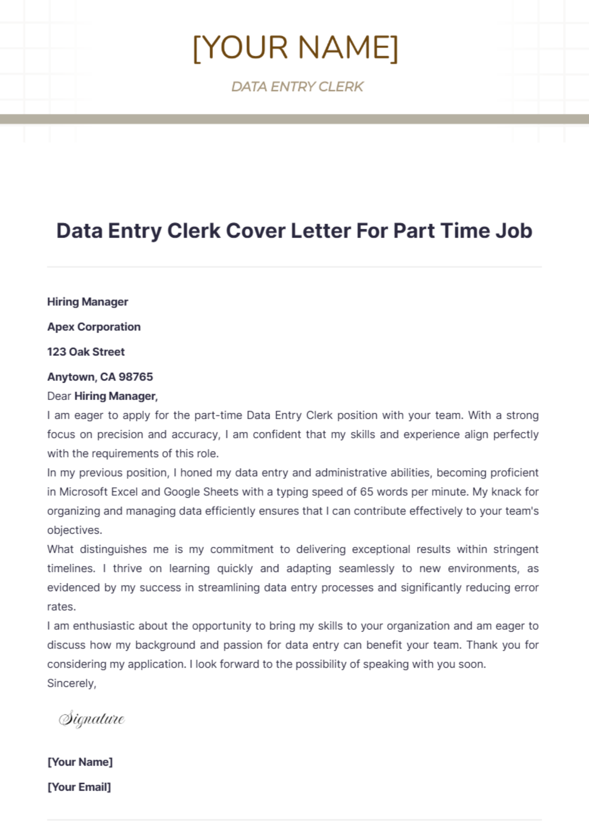 Data Entry Clerk Cover Letter For Part Time Job