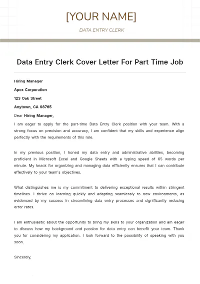 Free Data Entry Clerk Cover Letter For Part Time Job to Edit Online