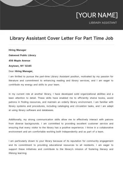 Free Library Assistant Cover Letter For Part Time Job to Edit Online