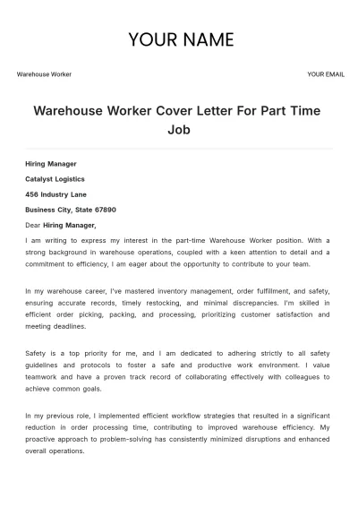 Free Warehouse Worker Cover Letter For Part Time Job to Edit Online