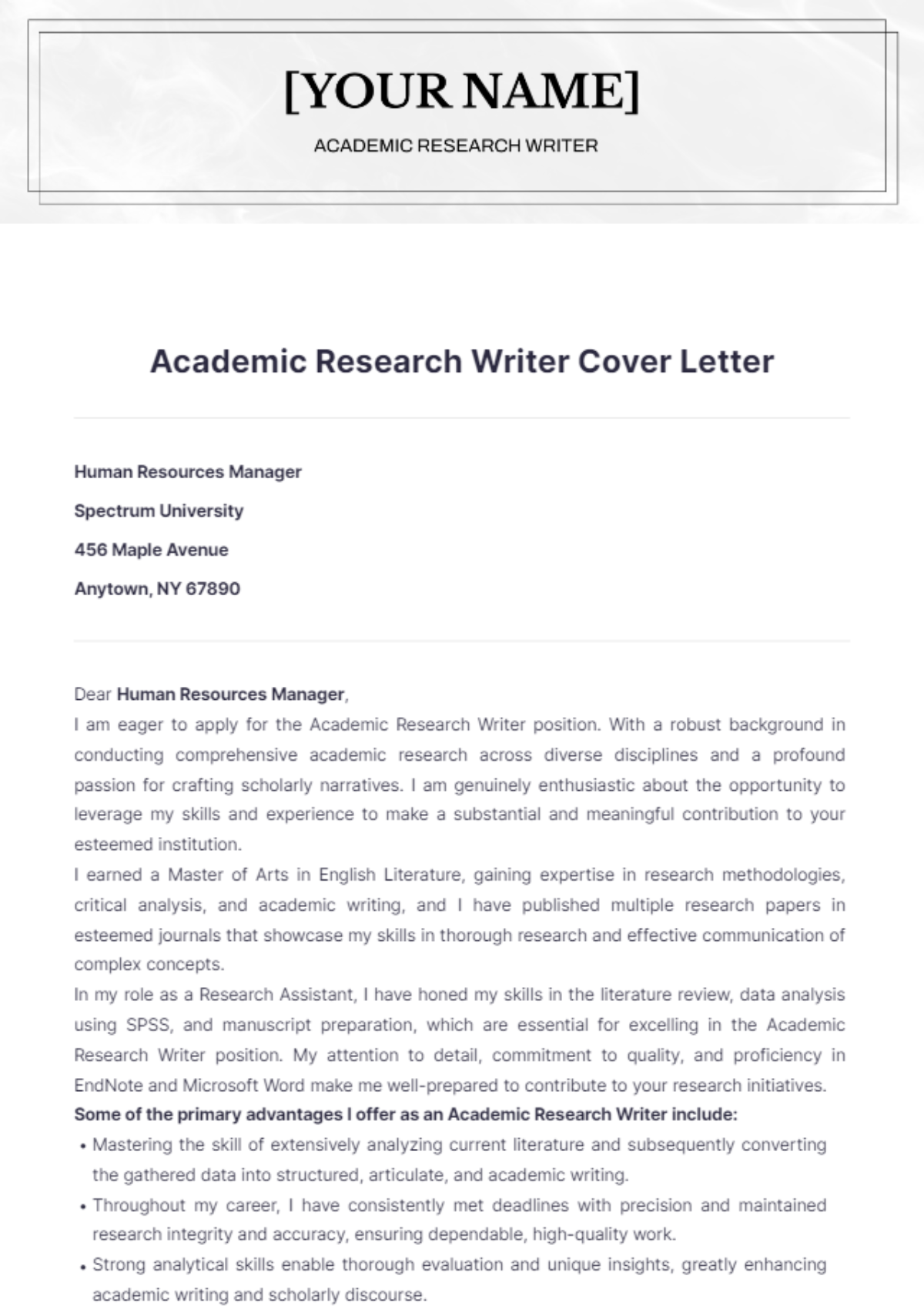 Academic Research Writer Cover Letter