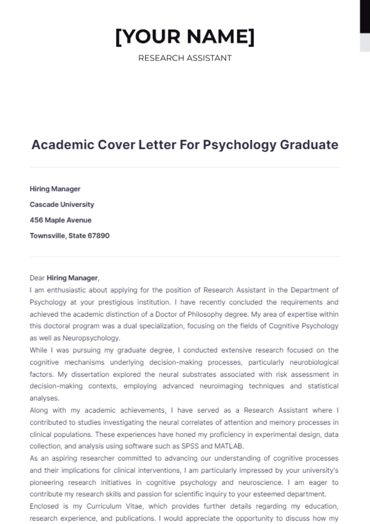 Academic Cover Letter For Psychology Graduate