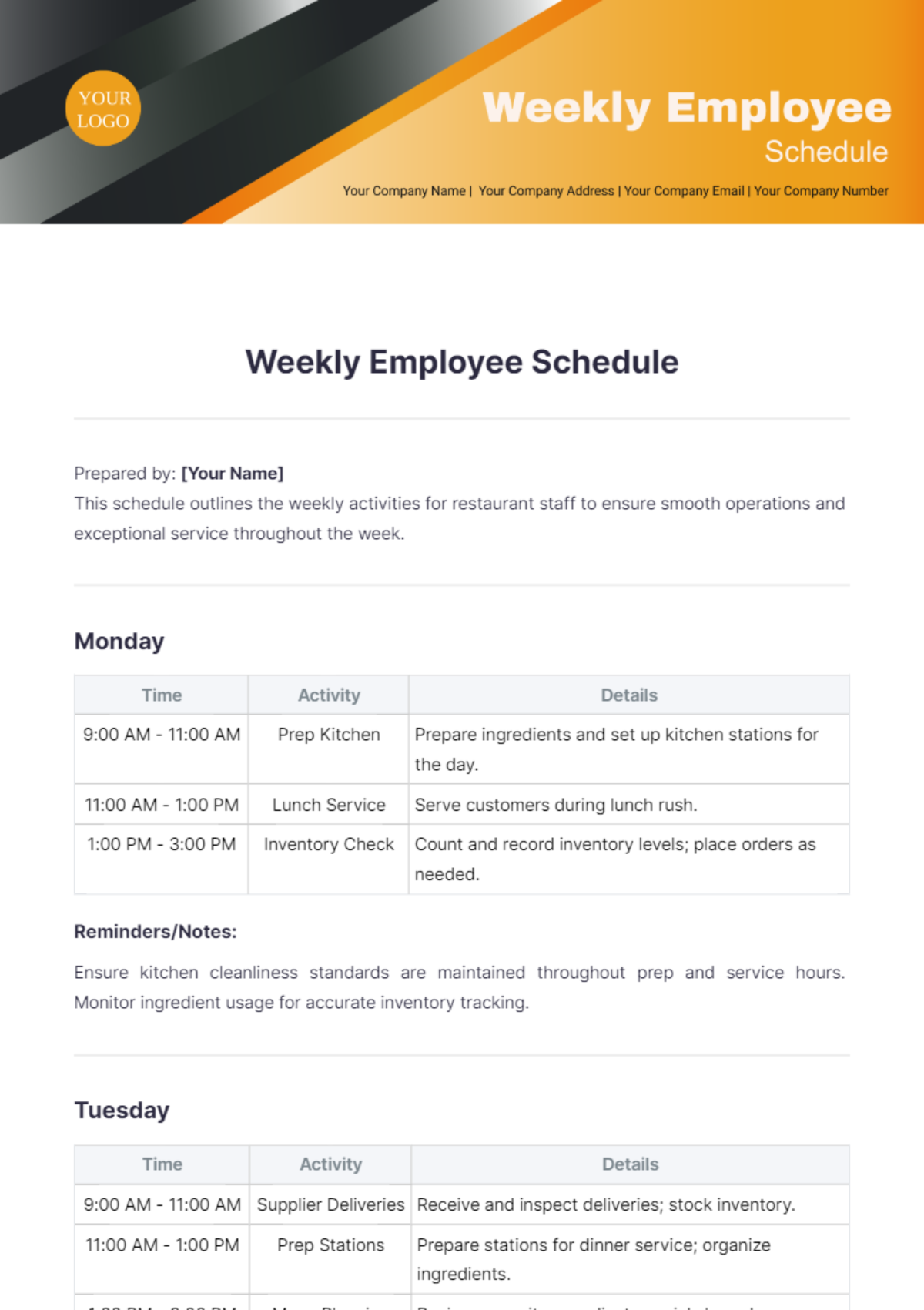 Weekly Employee Schedule Template - Edit Online & Download