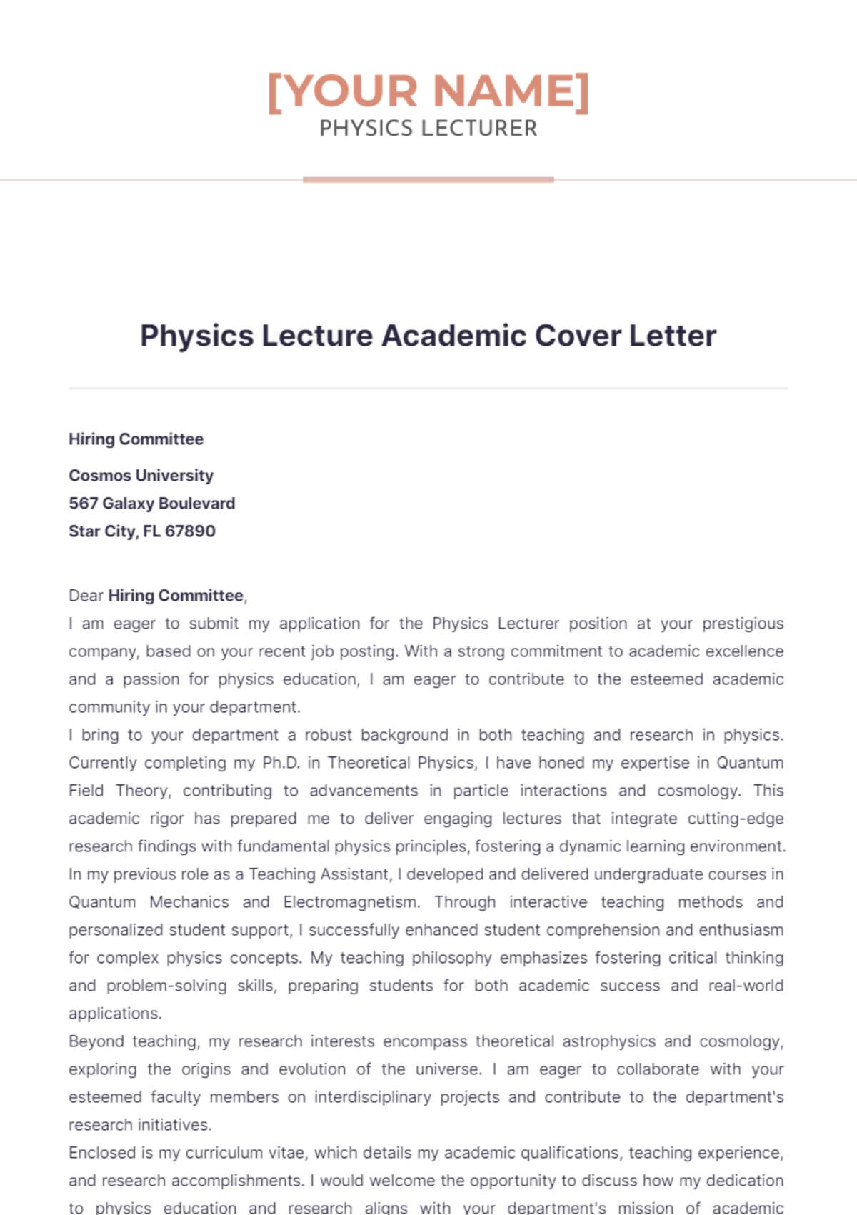 Physics Lecture Academic Cover Letter