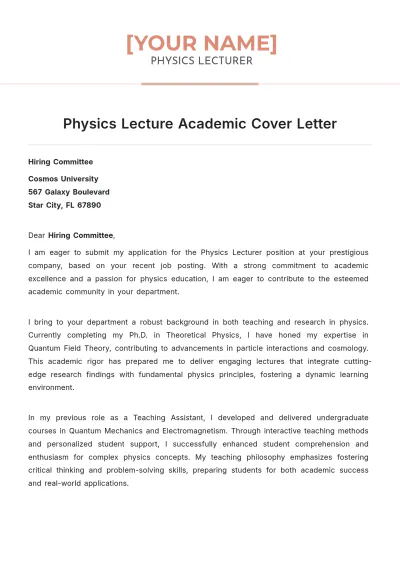 Free Physics Lecture Academic Cover Letter to Edit Online