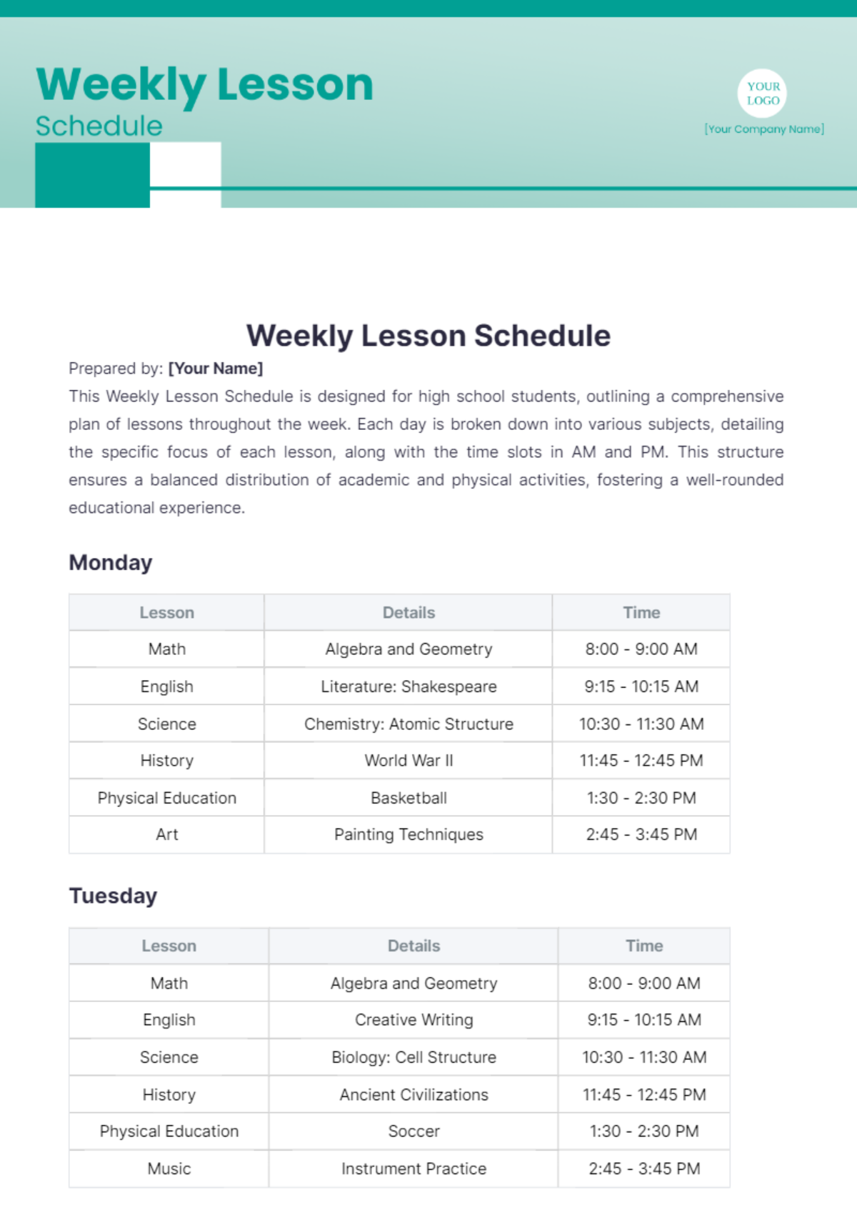 Free Weekly Lesson Schedule Template - Edit Online & Download ...