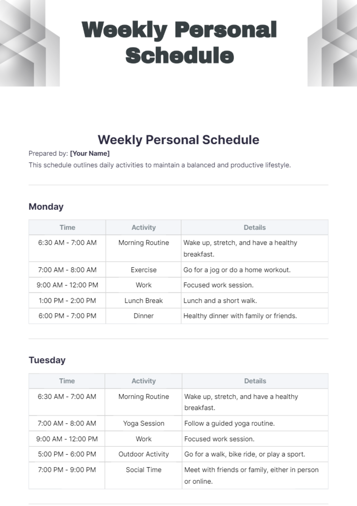 Weekly Personal Schedule Template - Edit Online & Download