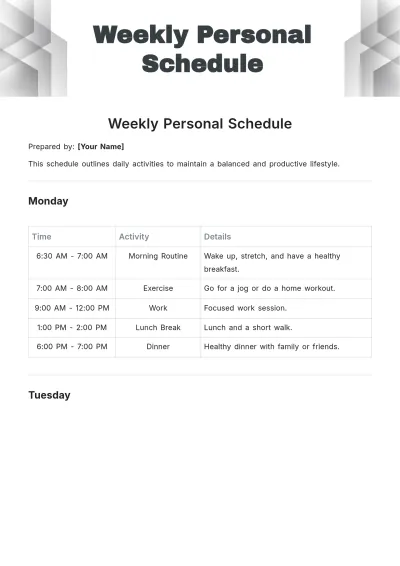 Free Weekly Personal Schedule Template to Edit Online