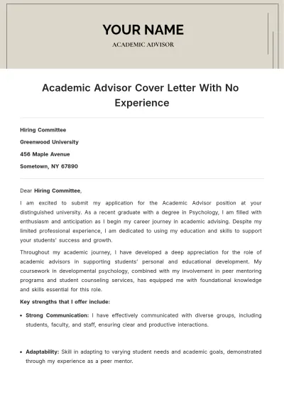 Free Academic Advisor Cover Letter With No Experience to Edit Online