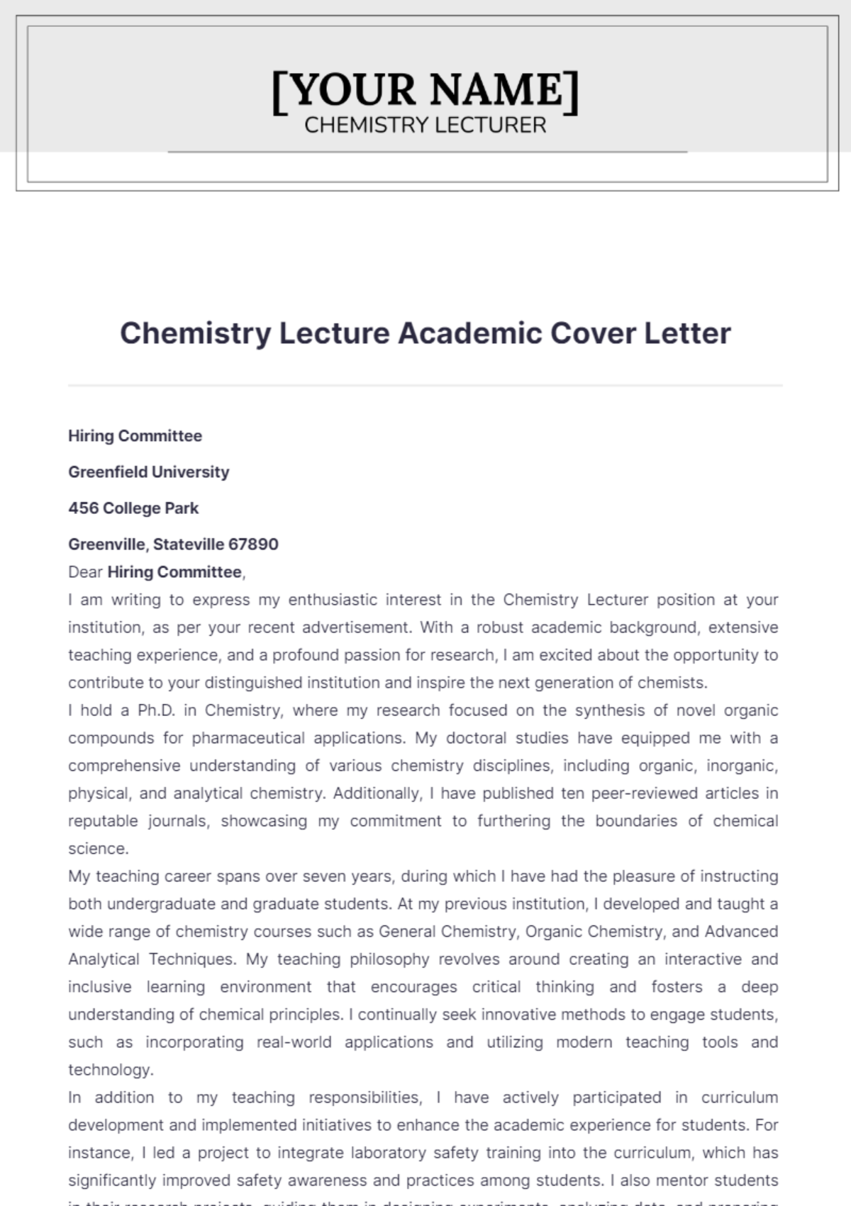 Chemistry Lecture Academic Cover Letter