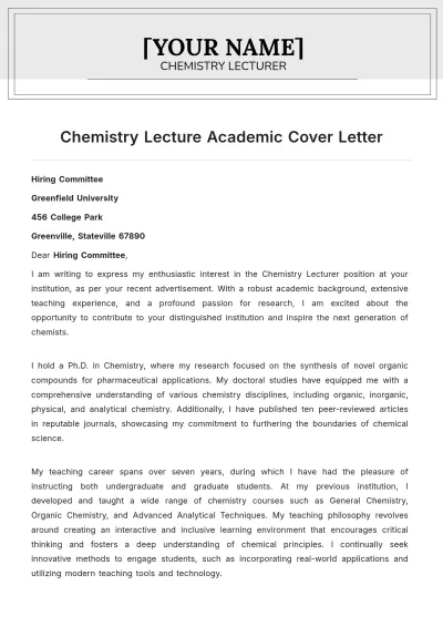 Free Chemistry Lecture Academic Cover Letter to Edit Online