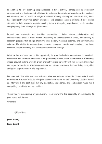 Free Chemistry Lecture Academic Cover Letter to Edit Online