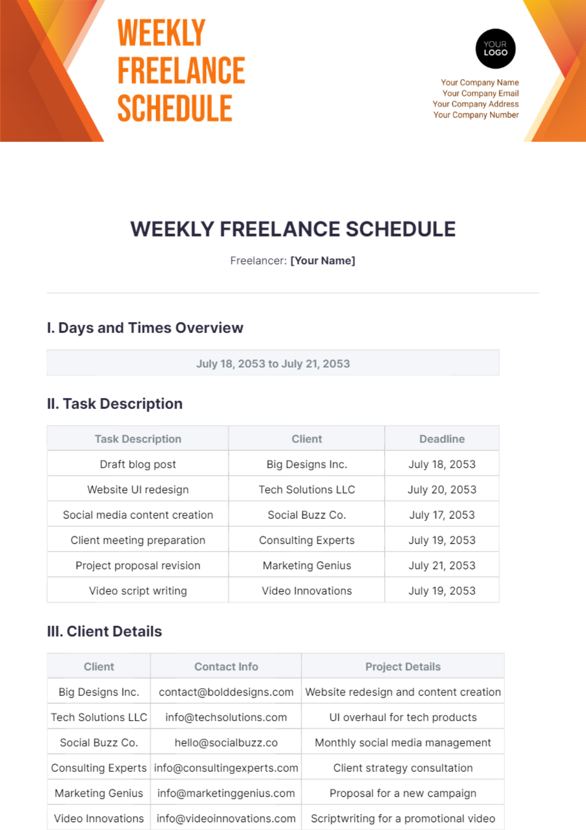 Weekly Freelance Schedule Template - Edit Online & Download