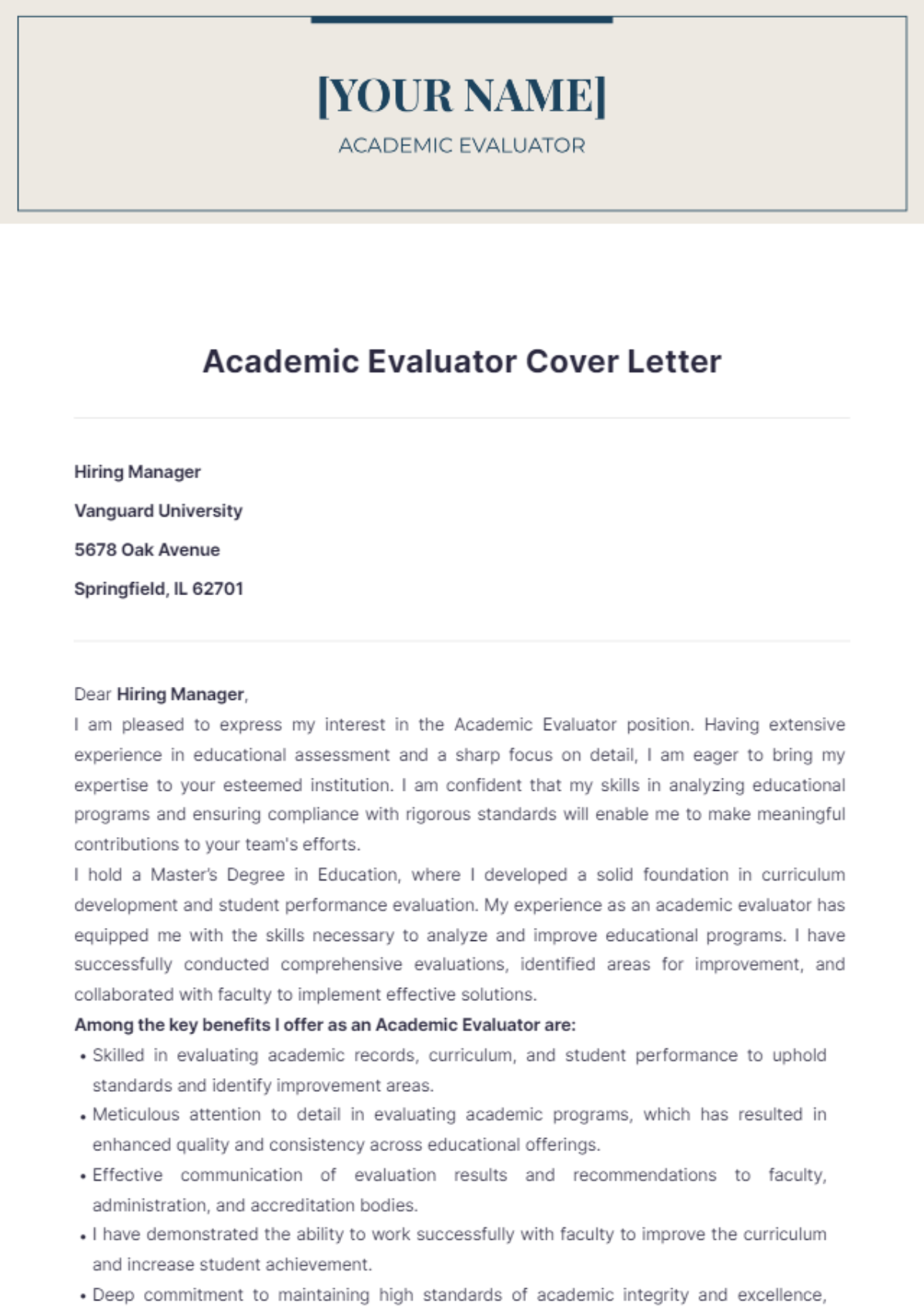 Academic Evaluator Cover Letter - Edit Online & Download