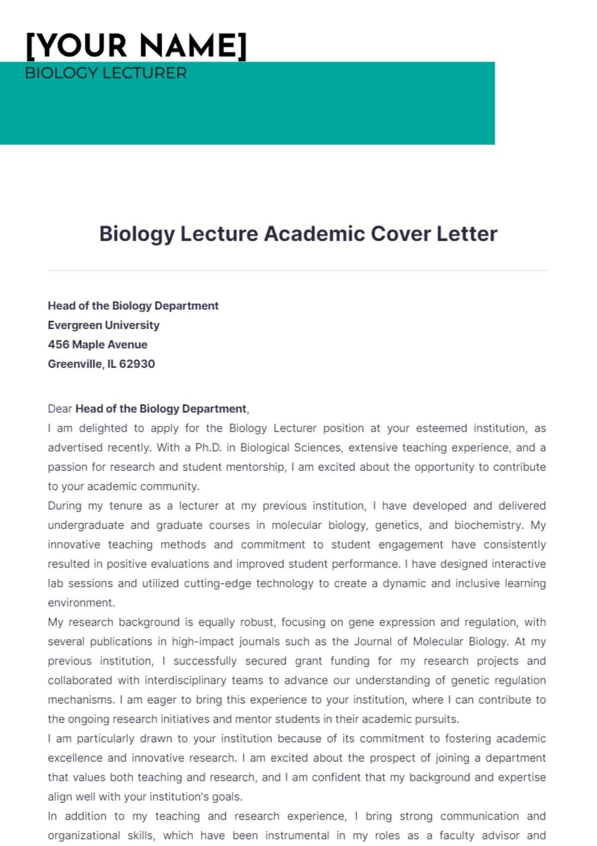 Biology Lecture Academic Cover Letter - Edit Online & Download