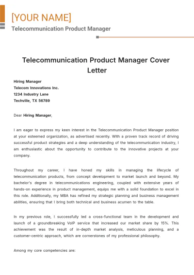 Free Telecommunication Product Manager Cover Letter to Edit Online
